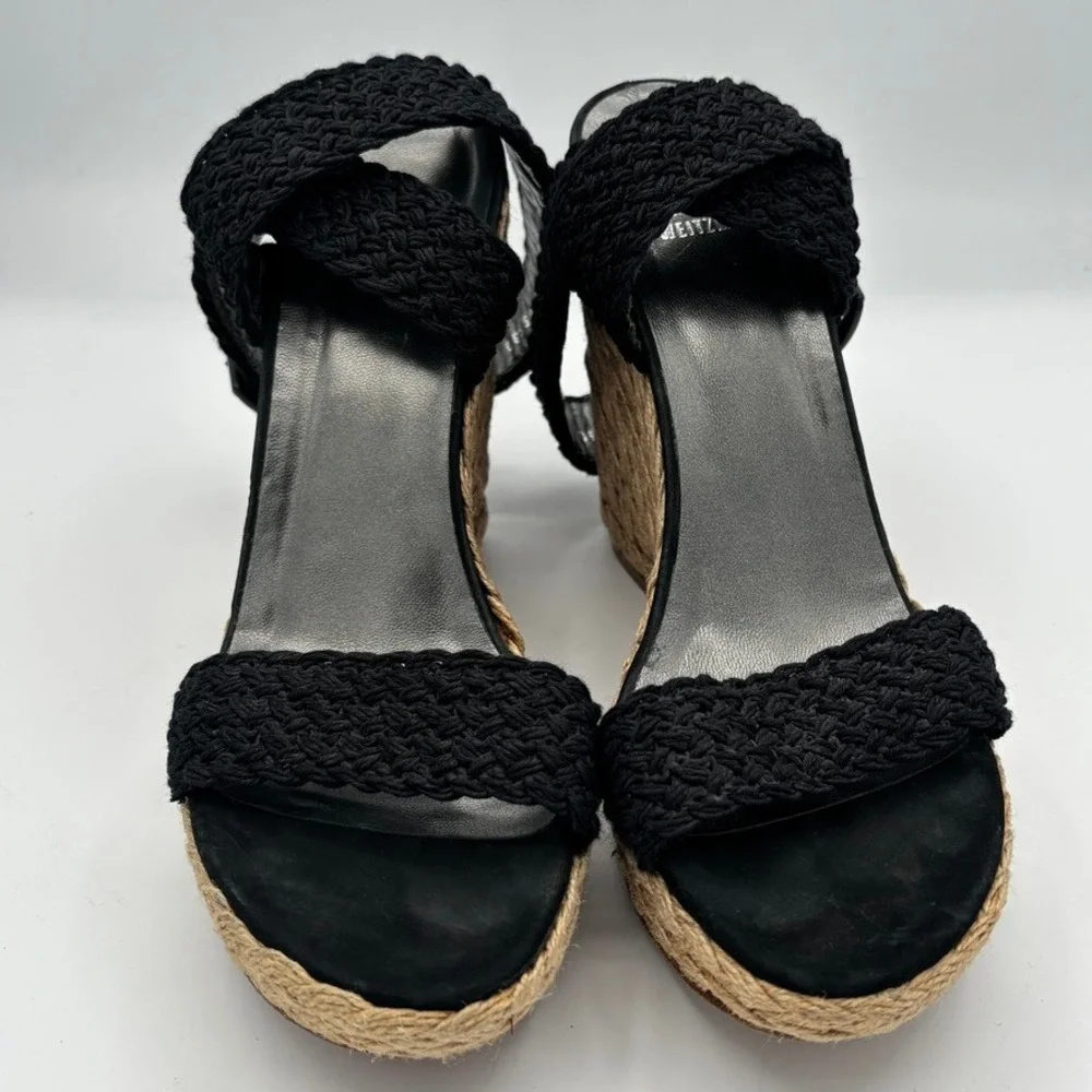 Stuart Weitzman Alex Wedge Sandals 9M Black Jute Espadrille Braided Strap Heels - Picture 4 of 10